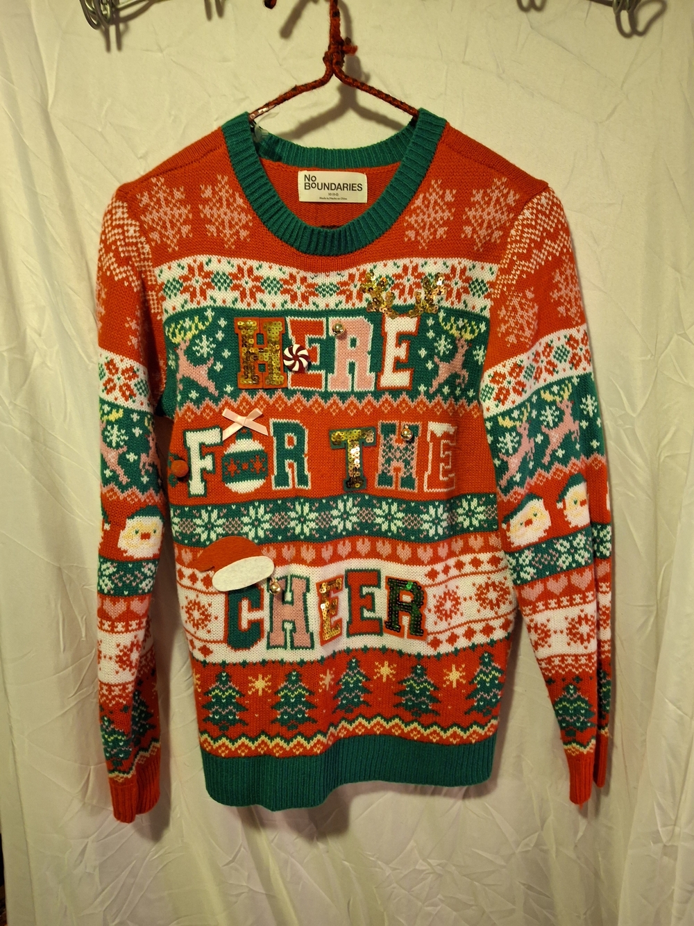No Boundaries Women's Red & Green 'Here For The Cheer' Holiday Sweater Size XS